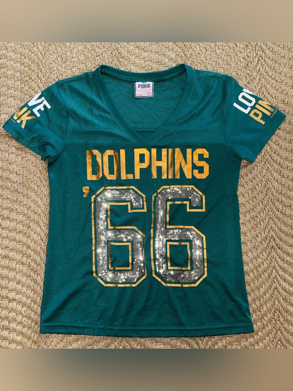 PINK Victoria's Secret Teal Miami Dolphins '66 Sequin V-Neck Jersey NFL XS